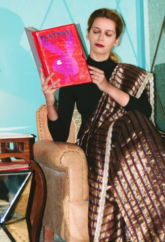 Wine Golden Silver Stripe Saree