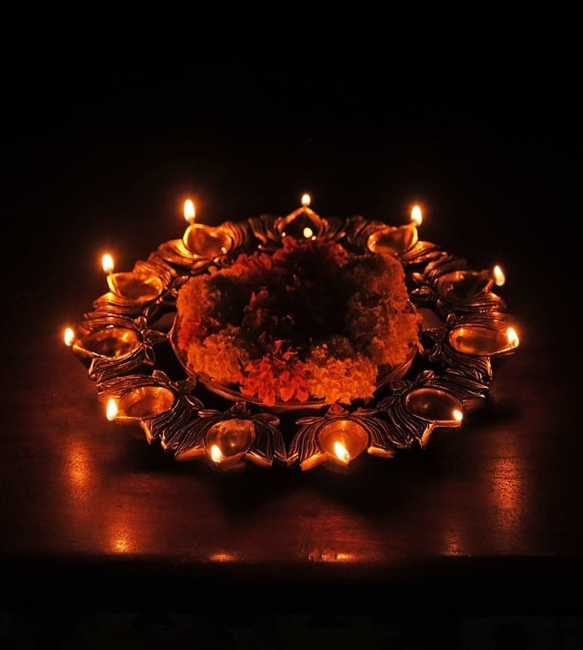 Ekaa Handicrafts Gold Brass Urli Bowl with Lotus Diyas